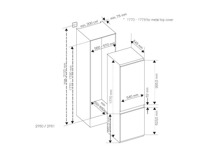 60 cm frigorifero combinato da incasso H177, sliding door | Bertazzoni